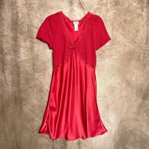 Vintage Intimate Moods Red Satin Slip Dress Empire Waist Short Sleeve Textured